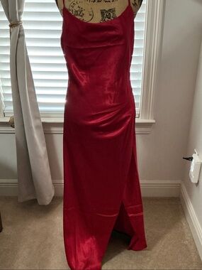 Red Satin Slip Dress with Cowl Neck
